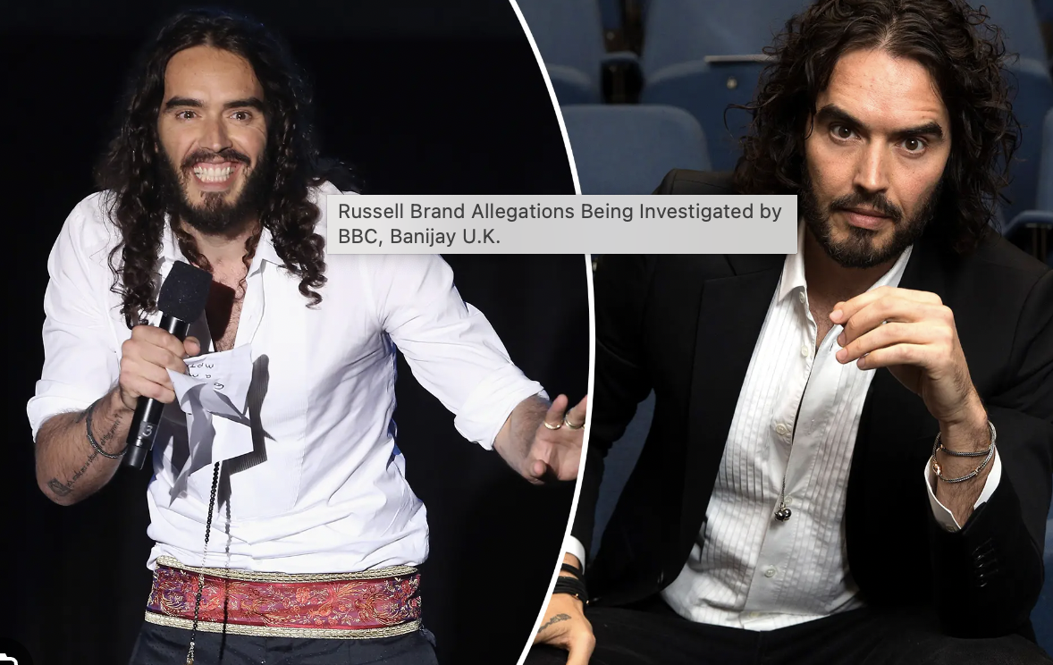 Russell Brand is accused of exposing himself to a woman on a radio show and laughing about it.